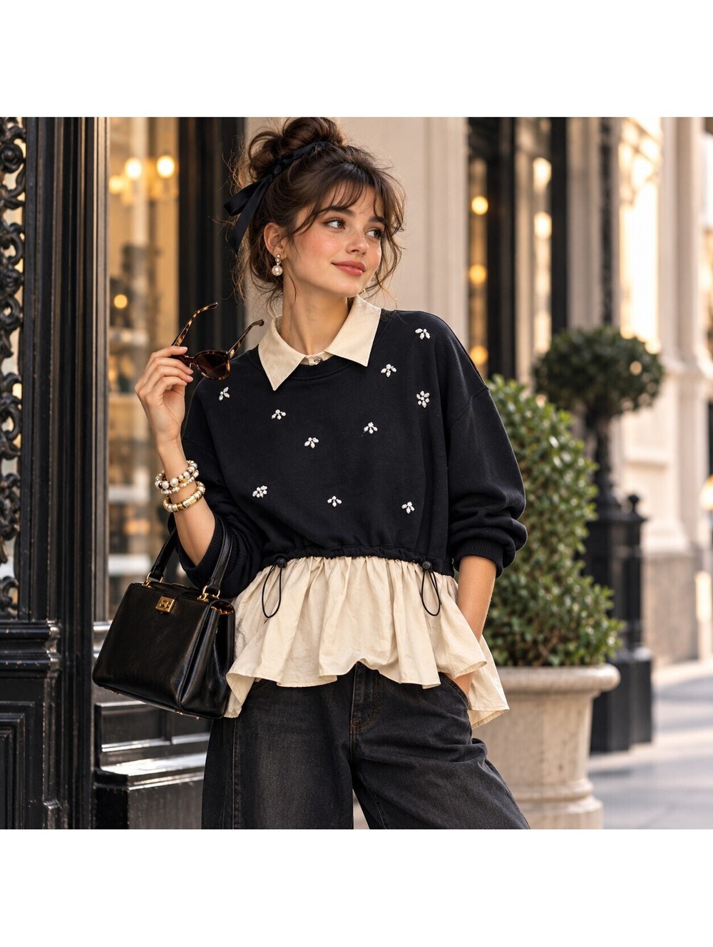 Anthropologie Maeve Twofer Sweatshirt Pullover Embellished Jewel Sz Small Peplum